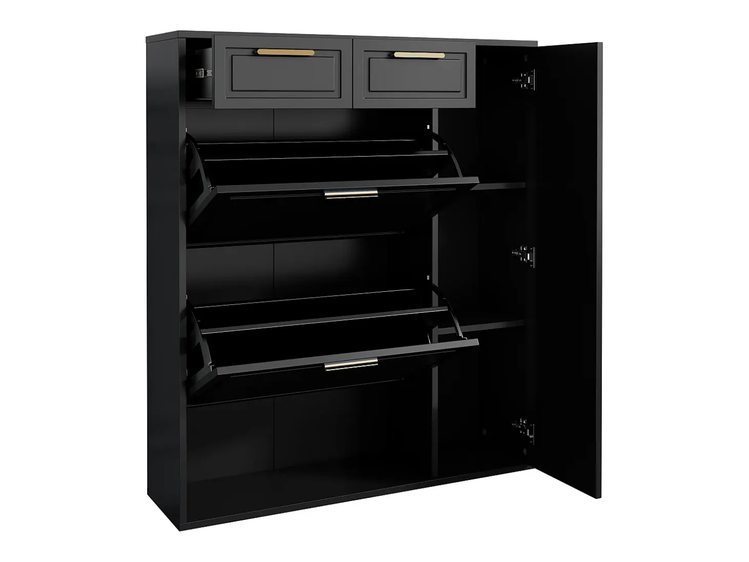 Zapatero con 3 cajones abatibles y 1 puerta, zapatero de madera con tiradores de metal, color negro (90x25x121 cm)