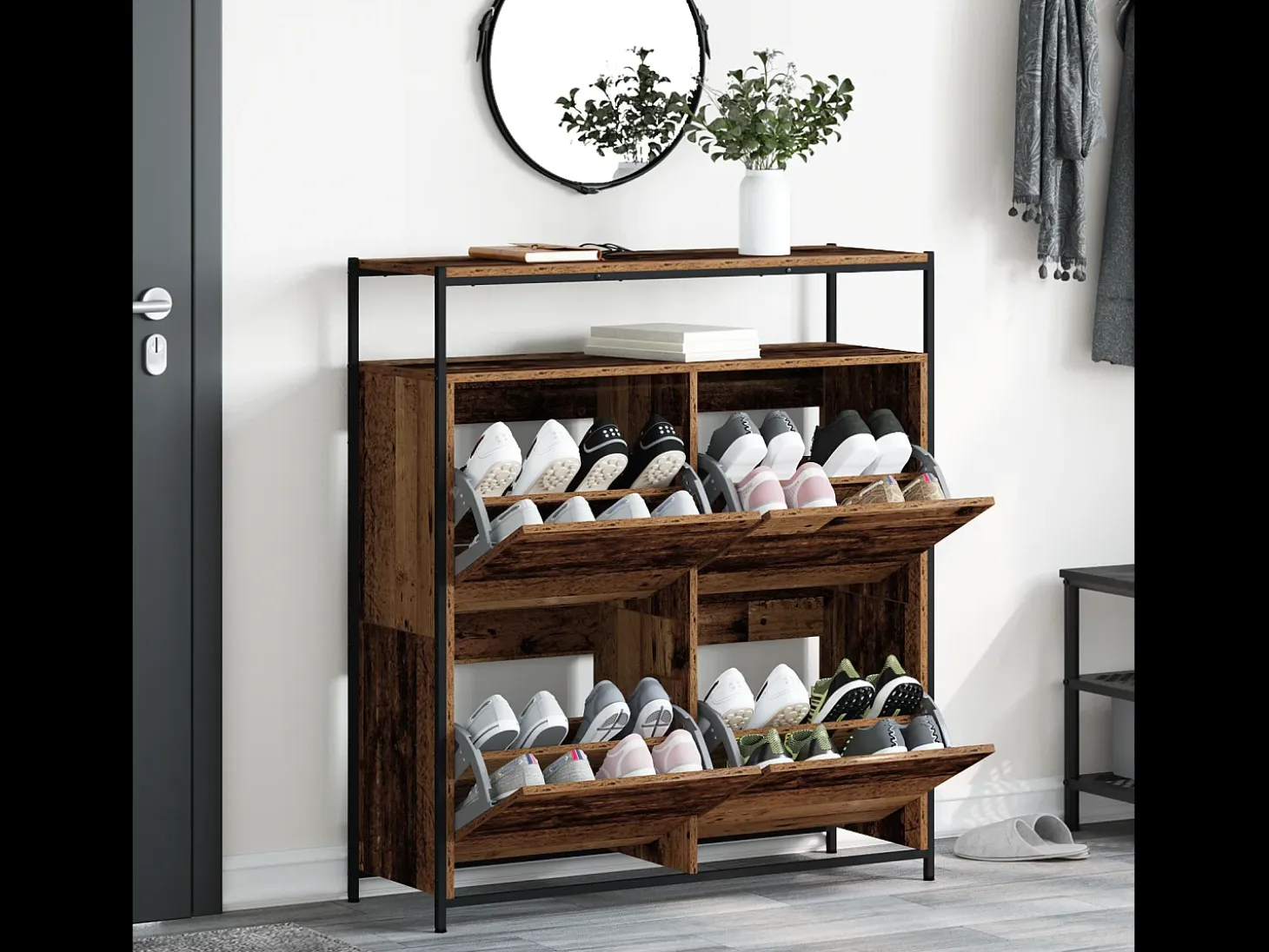 Zapatero con 4 cajones con solapas en madera antigua 100x34x112 cm