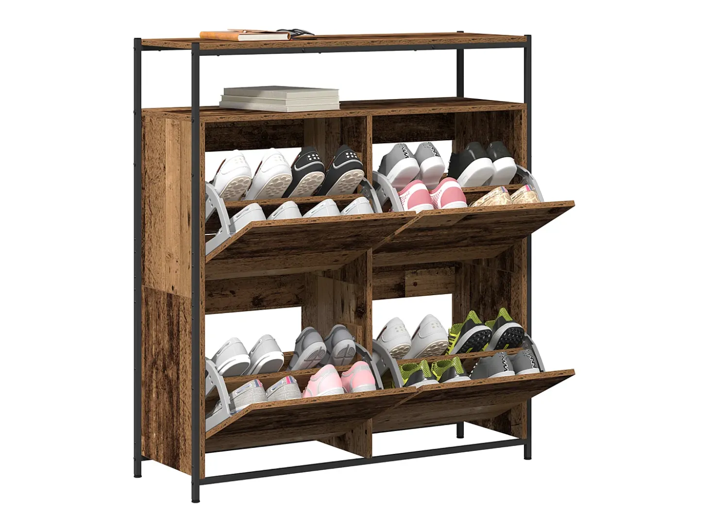 Zapatero con 4 cajones con solapas en madera antigua 100x34x112 cm