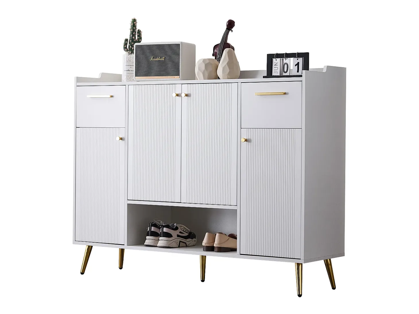Zapatero con 2 cajones y 4 puertas - 130 x 37 x 100 cm - patas de metal y tablero de partículas - Blanco