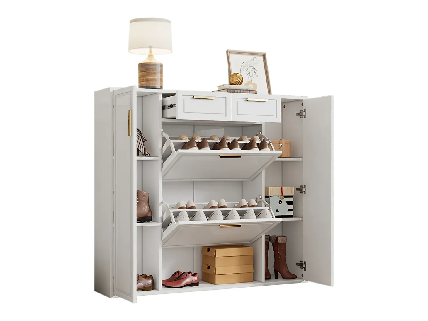 Zapatero con 2 cajones y 4 puertas - Blanco 120x24x107 cm