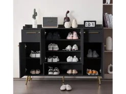 Zapatero con 2 cajones y 4 puertas - 130 x 37 x 100 cm - patas de metal y tablero de partículas - Negro