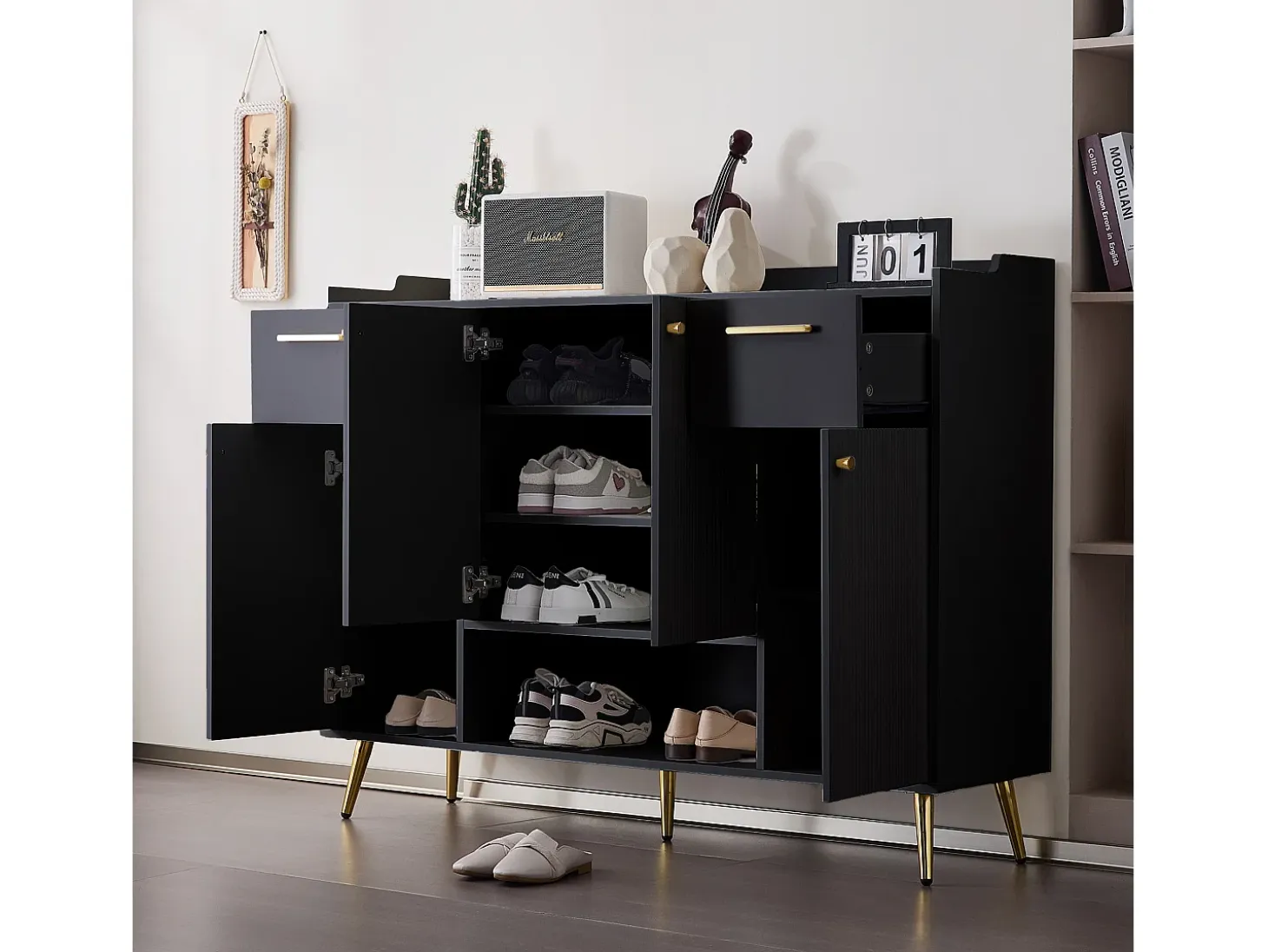 Zapatero con 2 cajones y 4 puertas - 130 x 37 x 100 cm - patas de metal y tablero de partículas - Negro