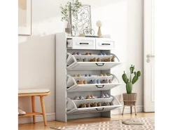 Zapatero con 2 cajones y 3 puertas - Tiradores negros - Madera blanca