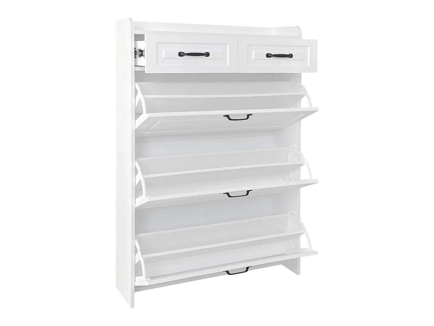 Zapatero con 2 cajones y 3 puertas - Tiradores negros - Madera blanca