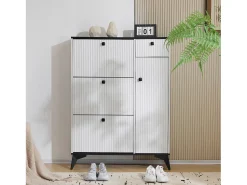Zapatero con 3 compartimentos, 1 cajón y 1 puerta, diseño moderno, blanco y negro (90x25x121 cm)