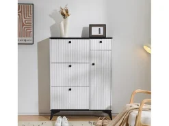 Zapatero con 3 compartimentos, 1 cajón y 1 puerta, diseño moderno, blanco y negro (90x25x121 cm)