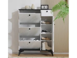 Zapatero con 3 compartimentos, 1 cajón y 1 puerta, diseño moderno, blanco y negro (90x25x121 cm)