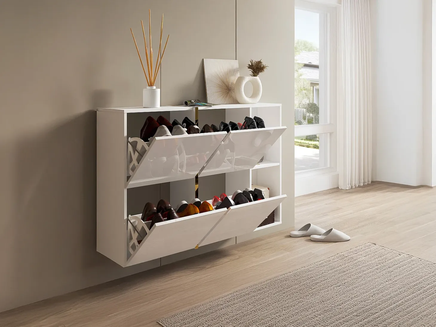 Zapatero con 4 compartimentos abatibles y 2 nichos - Blanco y dorado - MARZIALO
