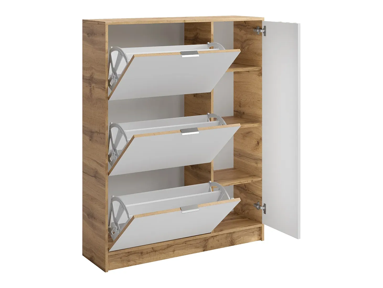 Zapatero con 1 puerta y 3 compartimentos abatibles - Natural y Blanco - JANAKIA
