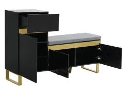 Zapatero con 3 puertas, 1 cajón y cojín - Negro y dorado