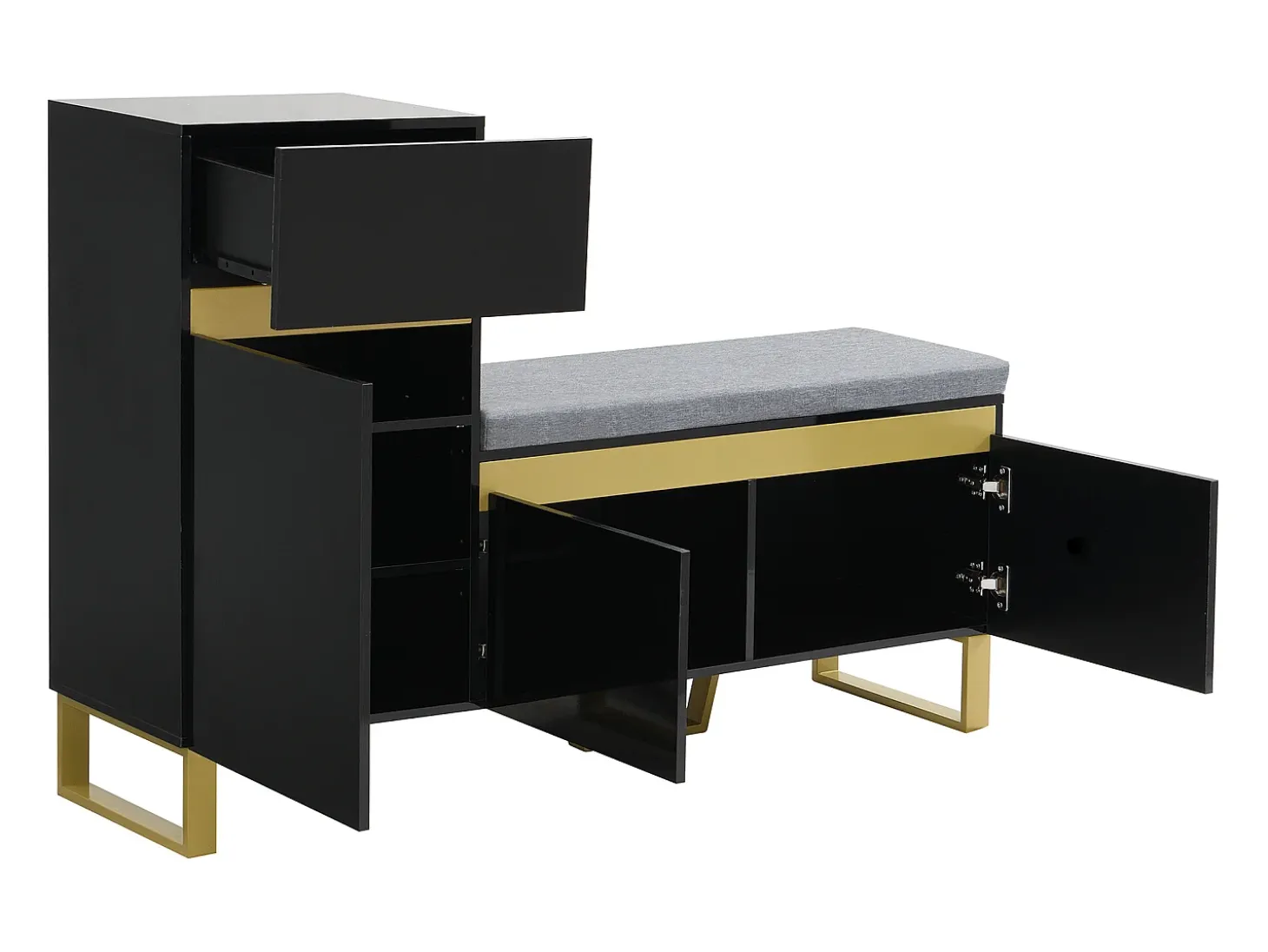 Zapatero con 3 puertas, 1 cajón y cojín - Negro y dorado