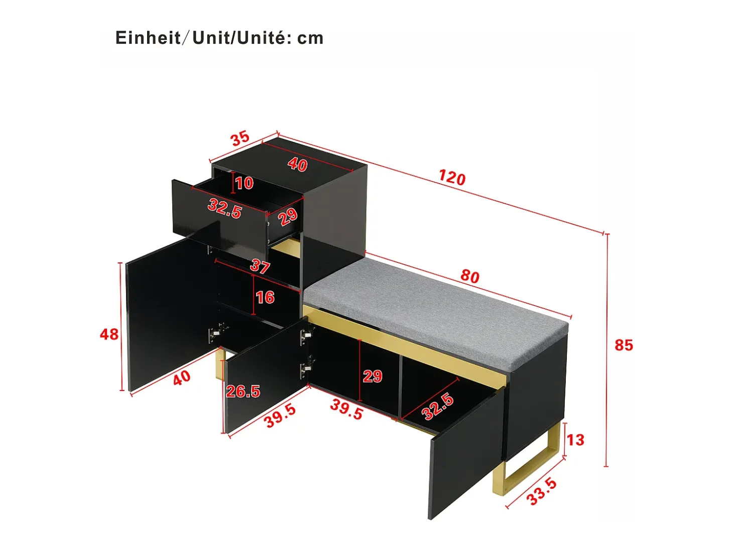 Zapatero con 3 puertas, 1 cajón y cojín - Negro y dorado