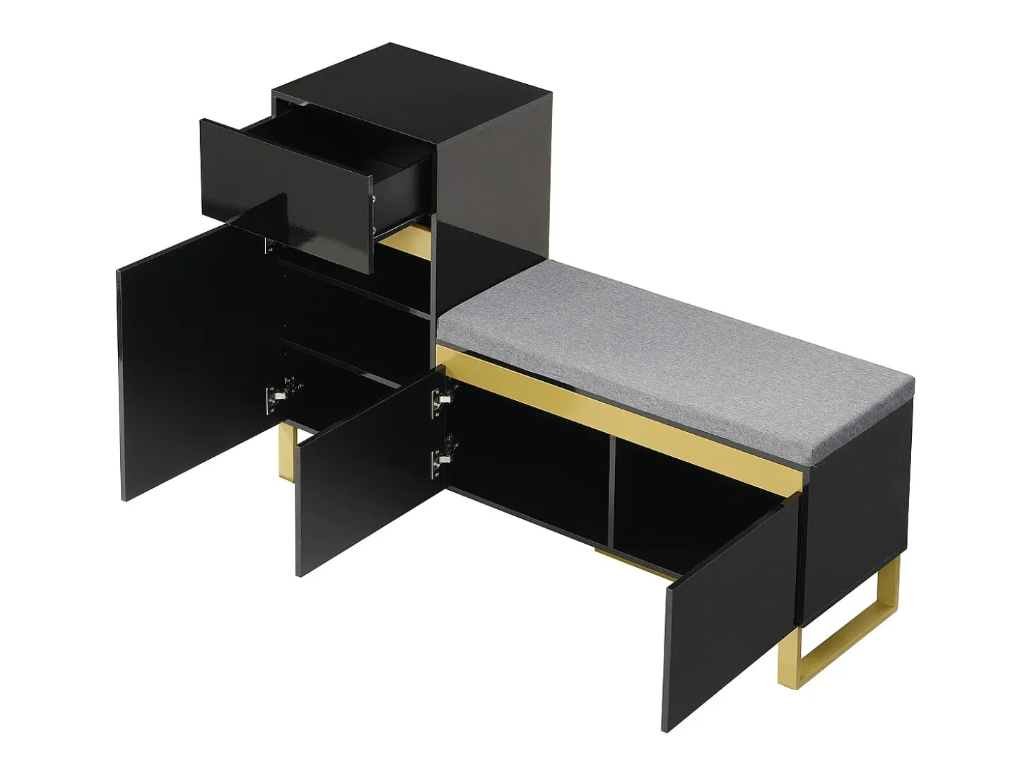 Zapatero con 3 puertas, 1 cajón y cojín - Negro y dorado
