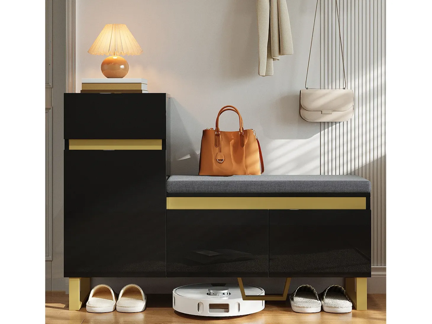 Zapatero con 3 puertas, 1 cajón y cojín - Negro y dorado