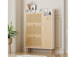 Zapatero con 3 puertas abatibles y 1 cajón medidas 90 largo x 17 ancho x 125 alto cm imitación madera efecto caña de ratán color blanco + roble