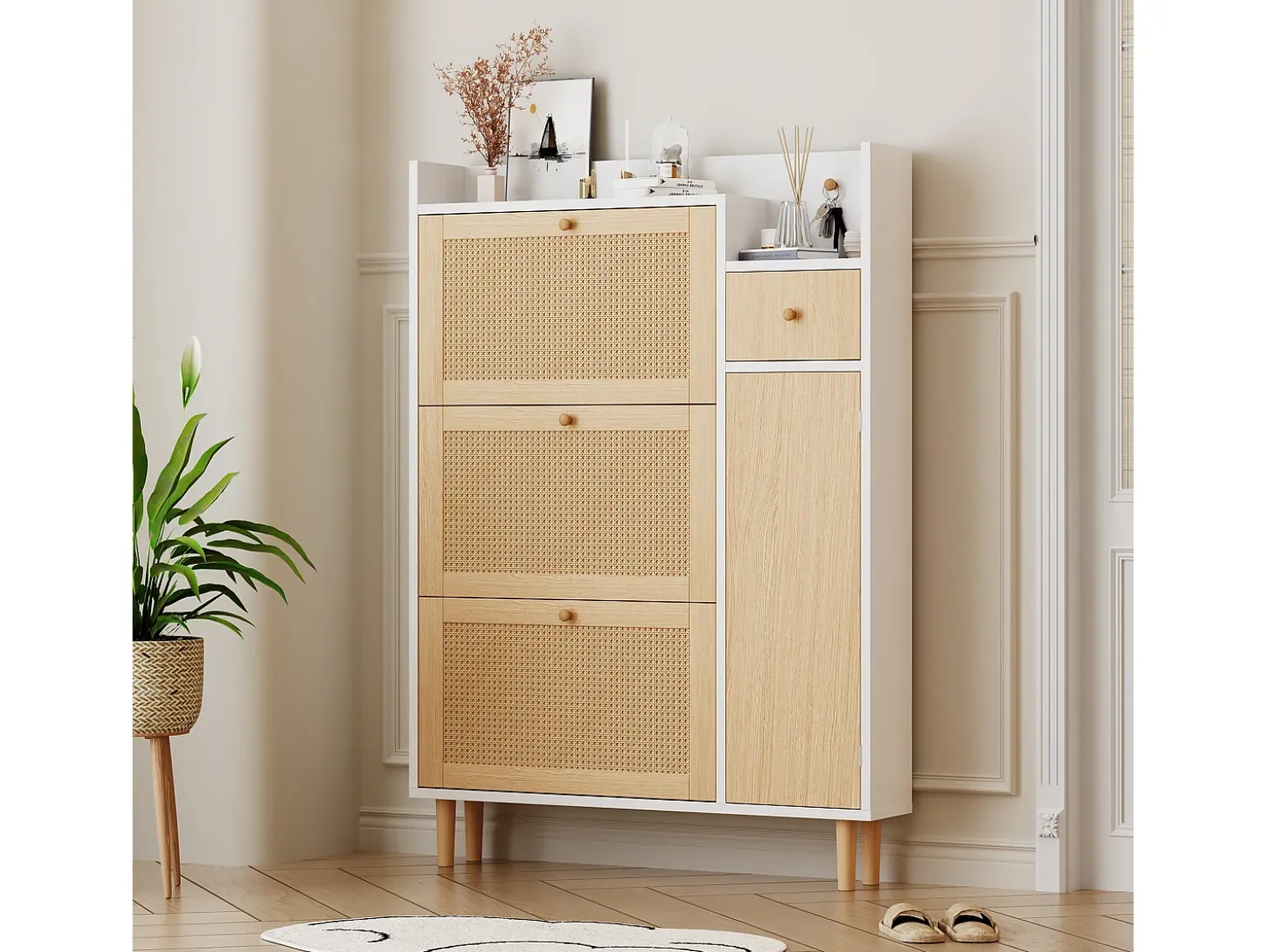 Zapatero con 3 puertas abatibles y 1 cajón medidas 90 largo x 17 ancho x 125 alto cm imitación madera efecto caña de ratán color blanco + roble