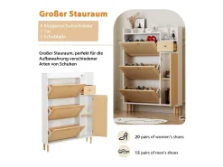 Zapatero con 3 puertas abatibles y 1 cajón medidas 90 largo x 17 ancho x 125 alto cm imitación madera efecto caña de ratán color blanco + roble