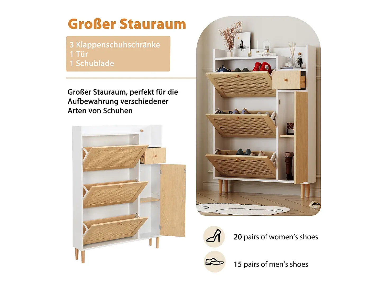 Zapatero con 3 puertas abatibles y 1 cajón medidas 90 largo x 17 ancho x 125 alto cm imitación madera efecto caña de ratán color blanco + roble
