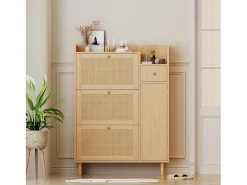 Zapatero con 3 puertas abatibles y 1 cajón, medidas 90 largo x 17 ancho x 125 alto cm imitación madera, efecto caña de ratán, color roble