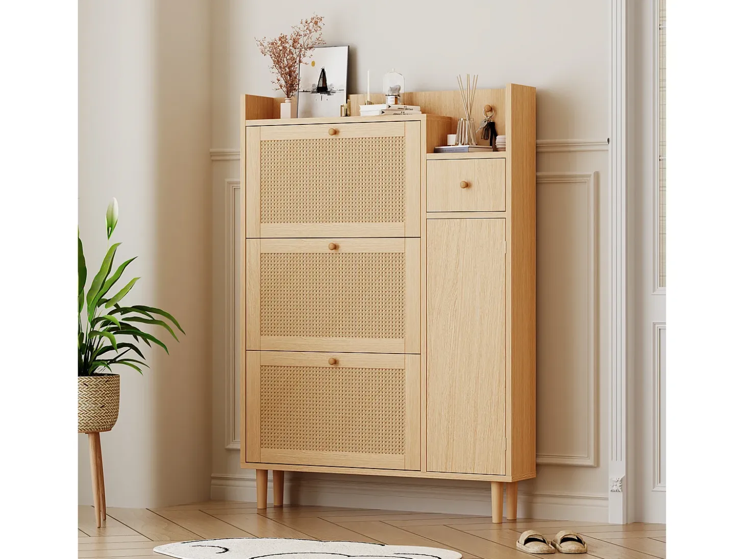 Zapatero con 3 puertas abatibles y 1 cajón, medidas 90 largo x 17 ancho x 125 alto cm imitación madera, efecto caña de ratán, color roble