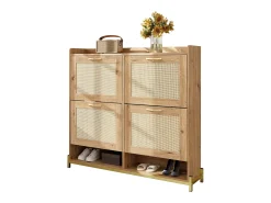 Zapatero con 4 puertas de ratán - 108,5 x 24 x 100 cm - estructura de metal - MDF - natural