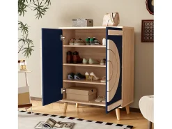 Zapatero con 2 puertas redondas y geométricas - Azul y natural claro