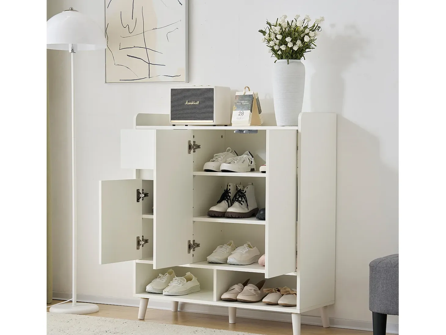 Zapatero con 3 puertas y 1 cajón - 99 x 35 x 90 cm - Estantes regulables - Tablero de partículas - Blanco