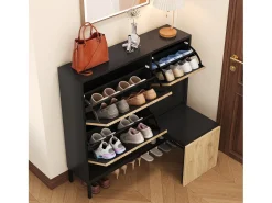 Zapatero con 3 puertas y banco oculto - Negro y natural