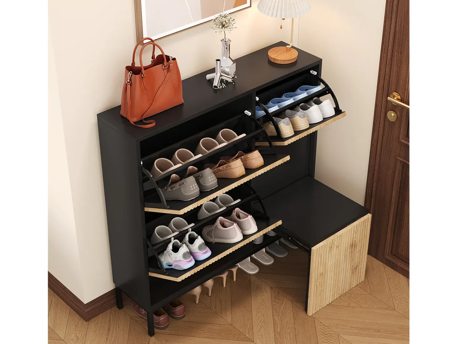 Zapatero con 4 puertas y taburete cambiador - 105 x 25 x 115,5 cm - MDF - Negro brillo