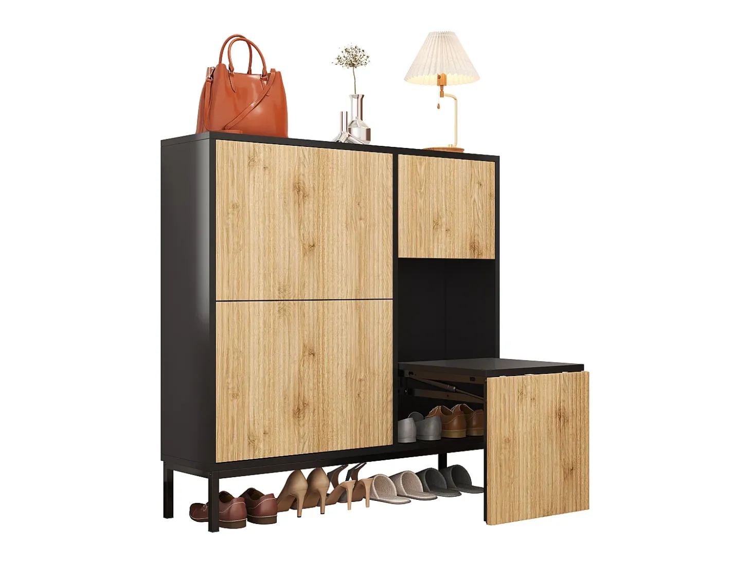Zapatero con 4 puertas y taburete cambiador - 105 x 25 x 115,5 cm - MDF - Negro brillo
