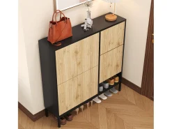 Zapatero con 4 puertas y taburete cambiador - 105 x 25 x 115,5 cm - MDF - Negro brillo