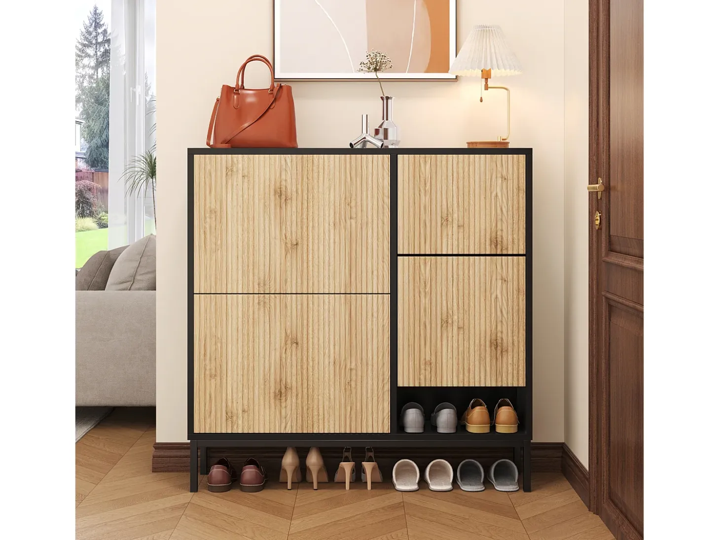 Zapatero con 4 puertas y taburete cambiador - 105 x 25 x 115,5 cm - MDF - Negro brillo