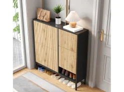 Zapatero con 4 puertas y taburete cambiador - 105 x 25 x 115,5 cm - MDF - Negro brillo
