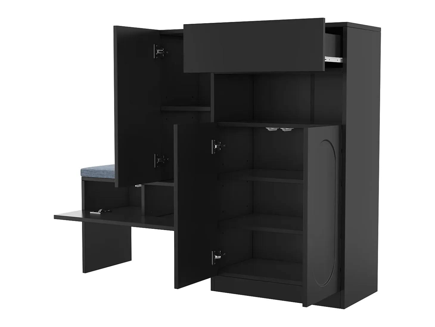 Zapatero con asiento acolchado - Zapatero de 3 puertas y 1 cajón - Almacenamiento abierto - Negro