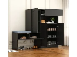 Zapatero con asiento acolchado - Zapatero de 3 puertas y 1 cajón - Almacenamiento abierto - Negro