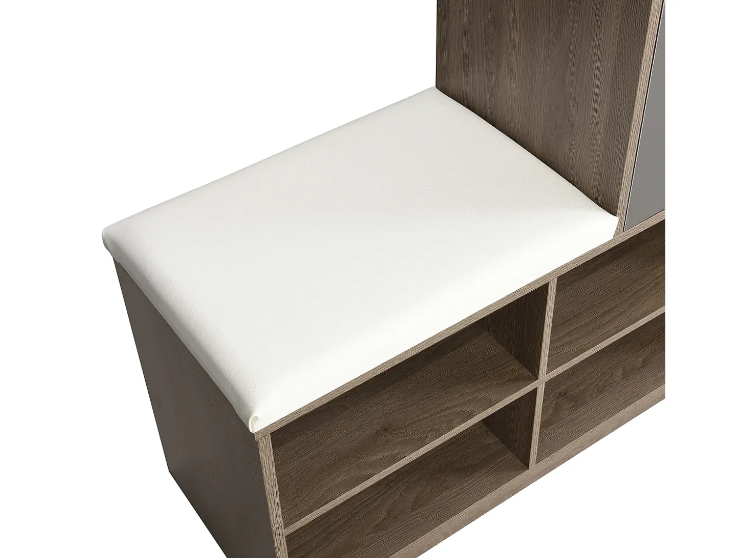Zapatero con asiento acolchado - Zapatero de 3 puertas y 1 cajón - almacenaje abierto - blanco y madera