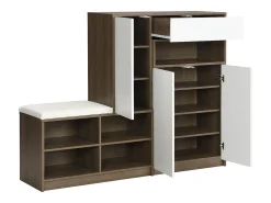 Zapatero con asiento acolchado - Zapatero de 3 puertas y 1 cajón - almacenaje abierto - blanco y madera