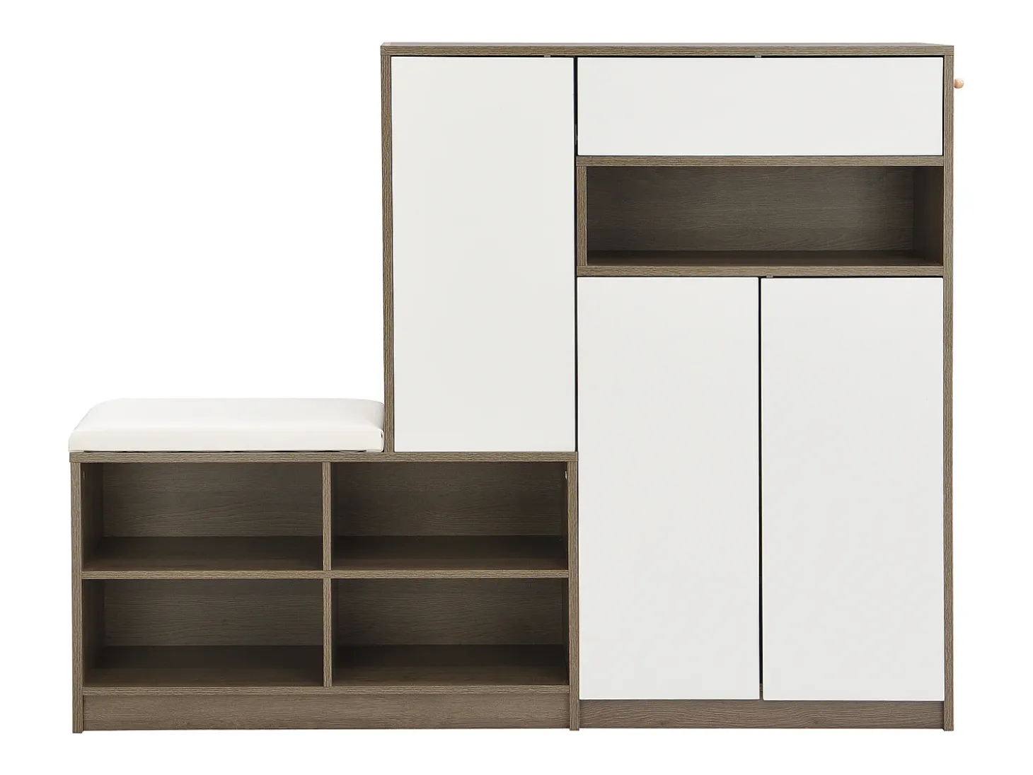 Zapatero con asiento acolchado - Zapatero de 3 puertas y 1 cajón - almacenaje abierto - blanco y madera