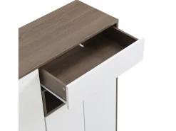 Zapatero con asiento acolchado - Zapatero de 3 puertas y 1 cajón - almacenaje abierto - blanco y madera