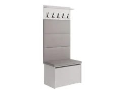 Zapatero con Asiento Color Blanco, Paneles Tapizados Color Gris y Perchero de Pared – 5 Ganchos, 4 Paneles con Velcro, Diseño Práctico 192x73x40 cm