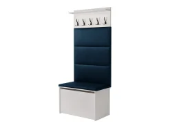 Zapatero con Asiento Color Blanco, Paneles Tapizados Color Azul y Perchero de Pared – 5 Ganchos, 4 Paneles con Velcro, Diseño Práctico 192x73x40 cm