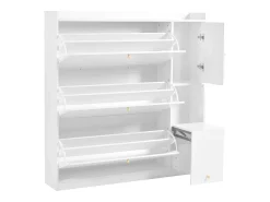 Zapatero con banco abatible, 3 estantes basculantes, almacenaje en la entrada, madera, blanco (119x24x122 cm)