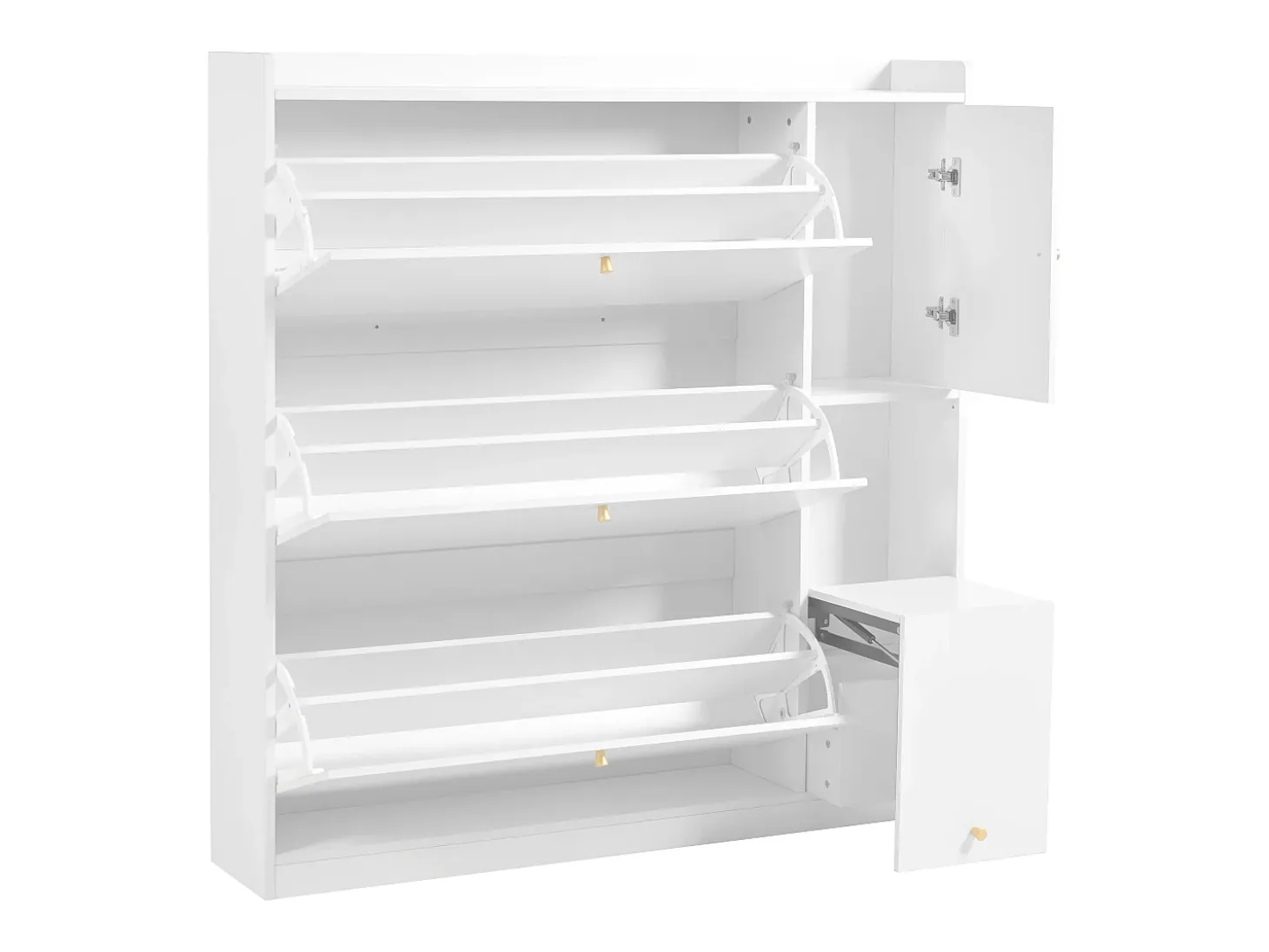 Zapatero con banco abatible, 3 estantes basculantes, almacenaje en la entrada, madera, blanco (119x24x122 cm)