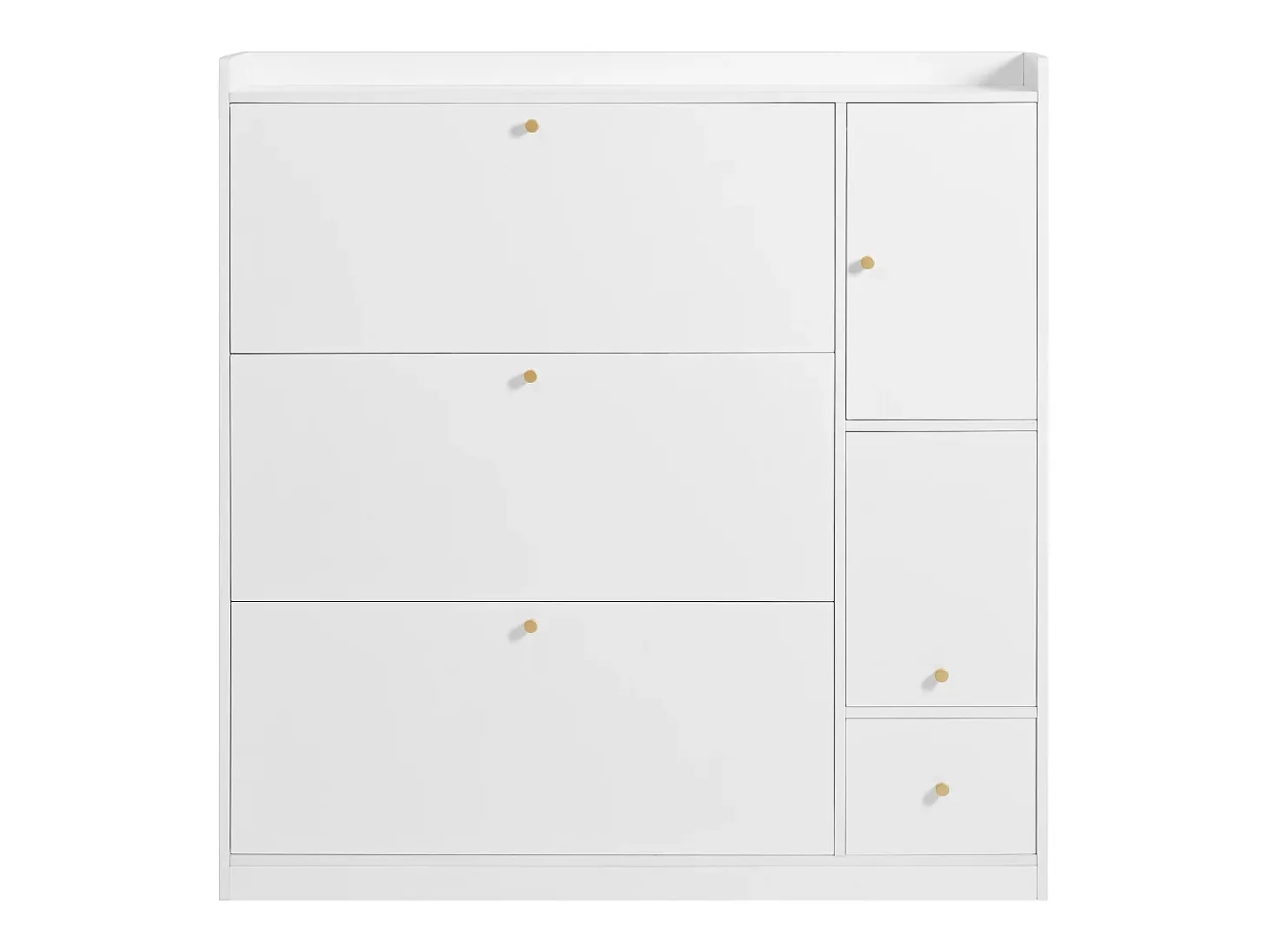 Zapatero con banco abatible, 3 estantes basculantes, almacenaje en la entrada, madera, blanco (119x24x122 cm)