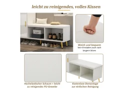 Zapatero con banco acolchado y almacenaje, puerta lacada en blanco, estantes regulables, accesorios dorados (120x35x71,5 cm)