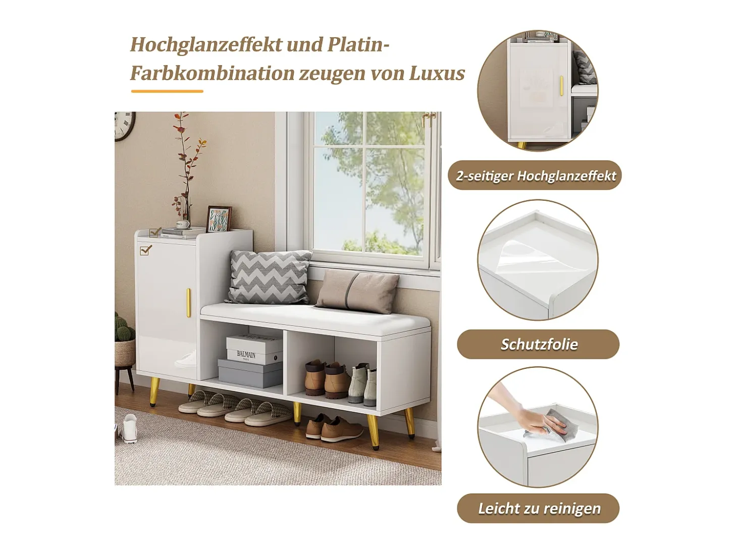 Zapatero con banco acolchado y almacenaje, puerta lacada en blanco, estantes regulables, accesorios dorados (120x35x71,5 cm)