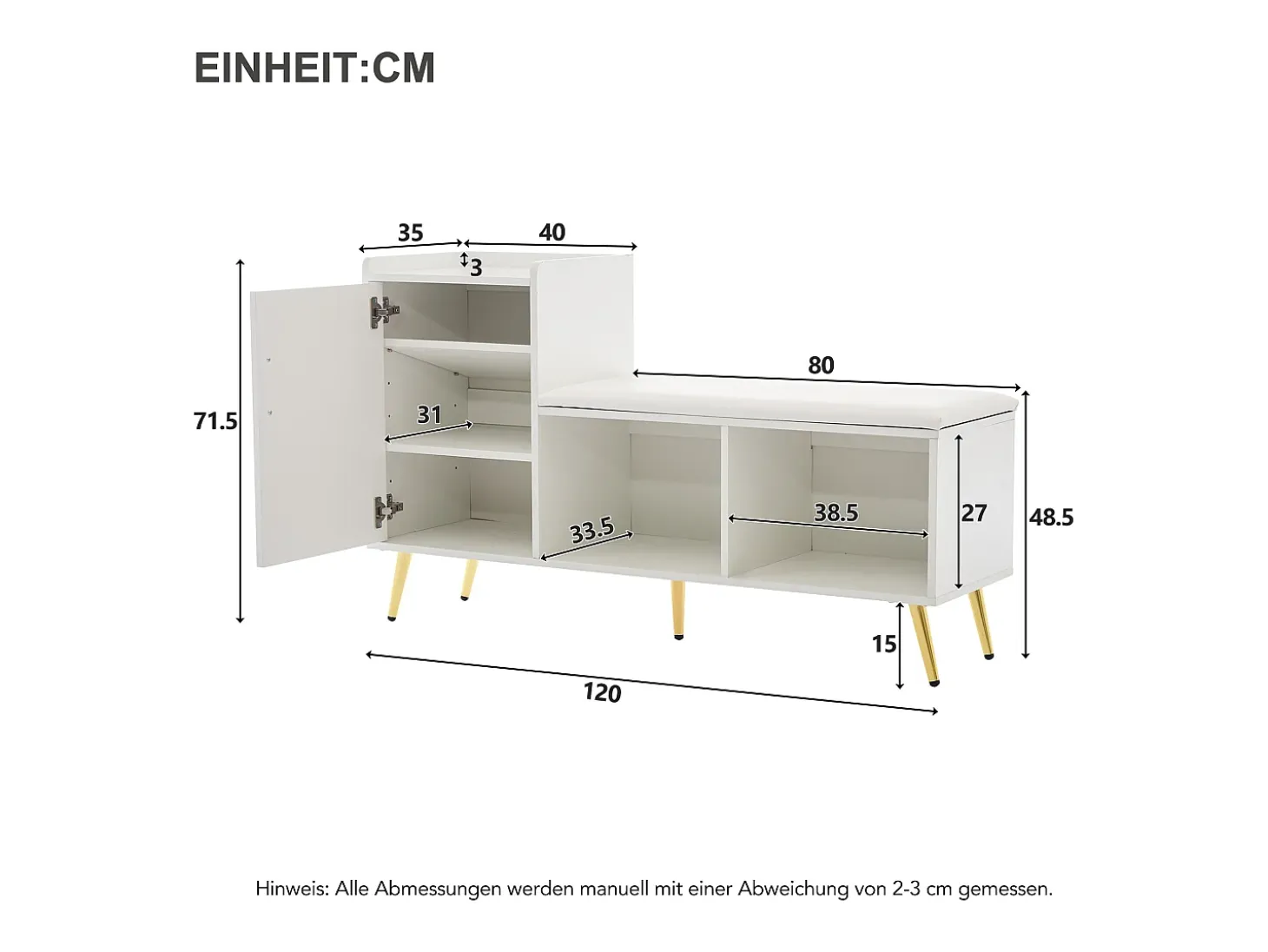 Zapatero con banco acolchado y almacenaje, puerta lacada en blanco, estantes regulables, accesorios dorados (120x35x71,5 cm)