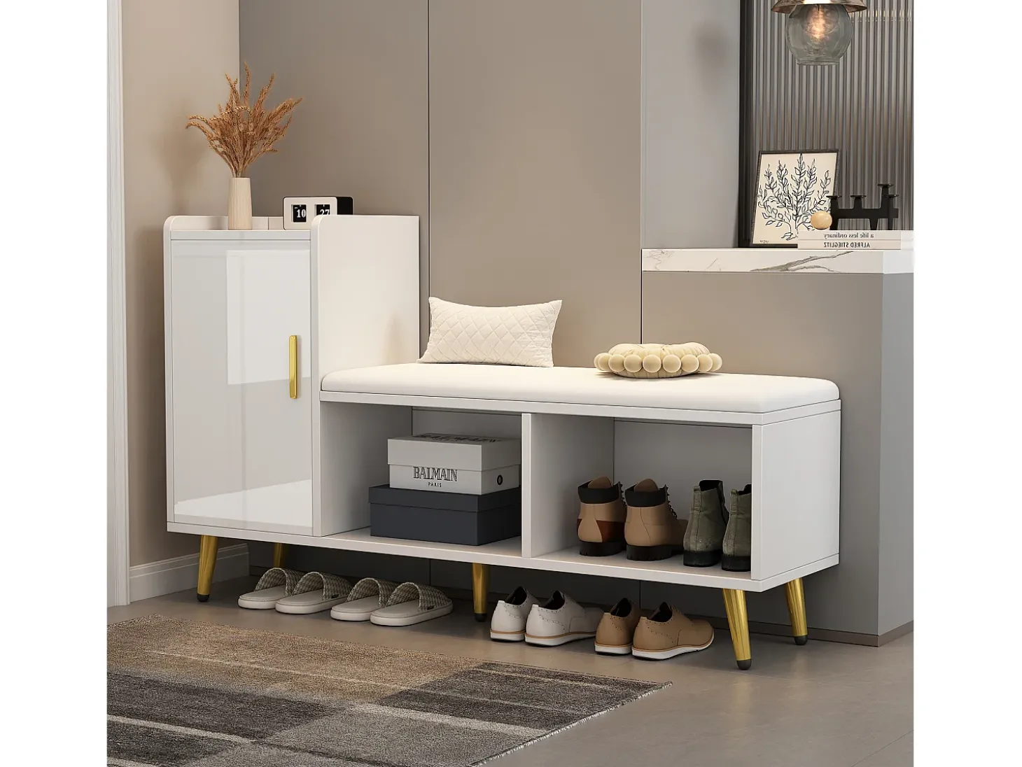 Zapatero con banco acolchado y almacenaje, puerta lacada en blanco, estantes regulables, accesorios dorados (120x35x71,5 cm)