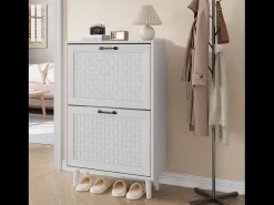 Zapatero con cajones de ratán, patas de madera maciza, MDF, blanco (60x24,1x94 cm)